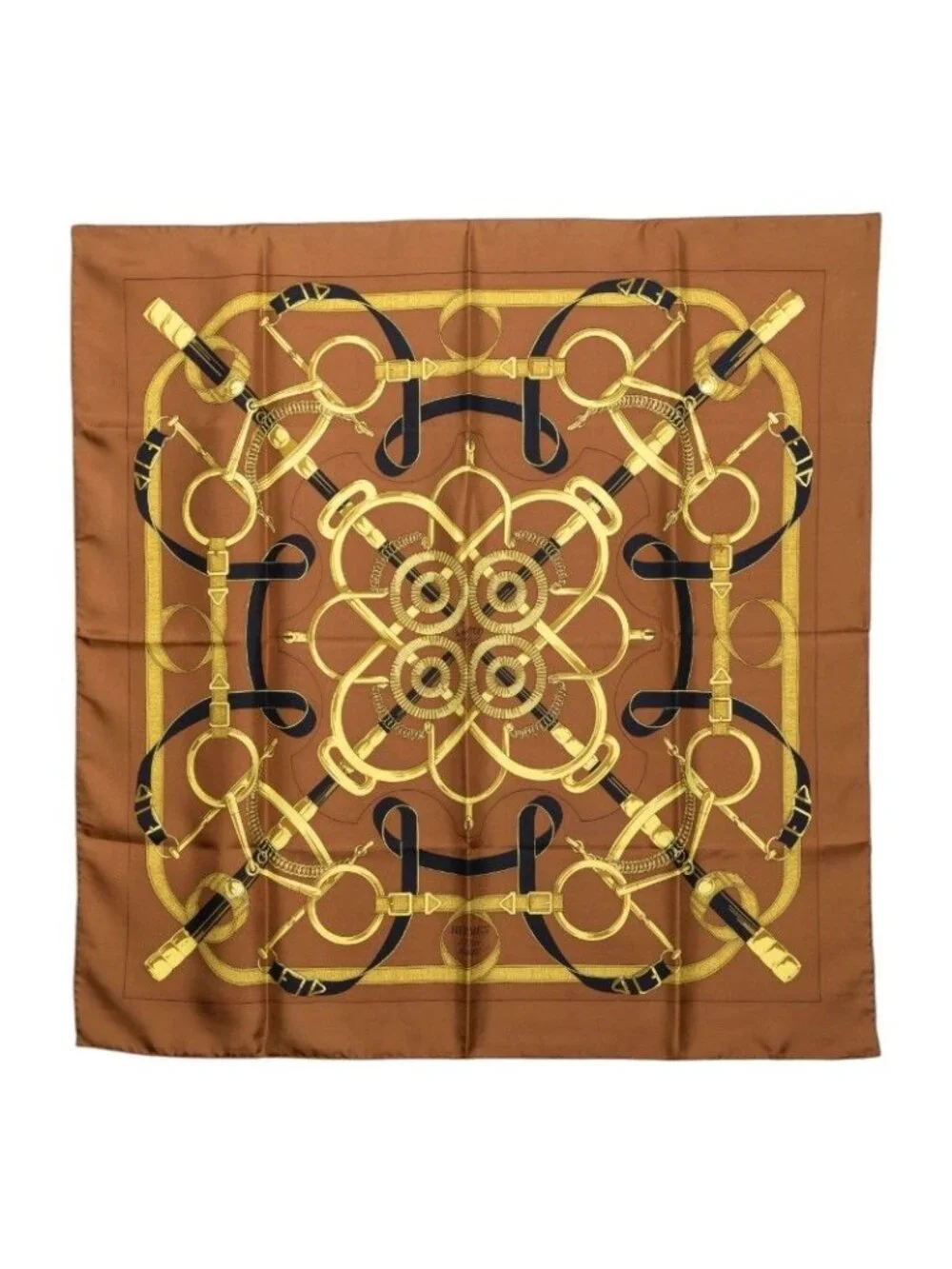 Hermes Carre 90 Eperon D'or Apron Yellow Gold Spurs Scarf Brown Silk
